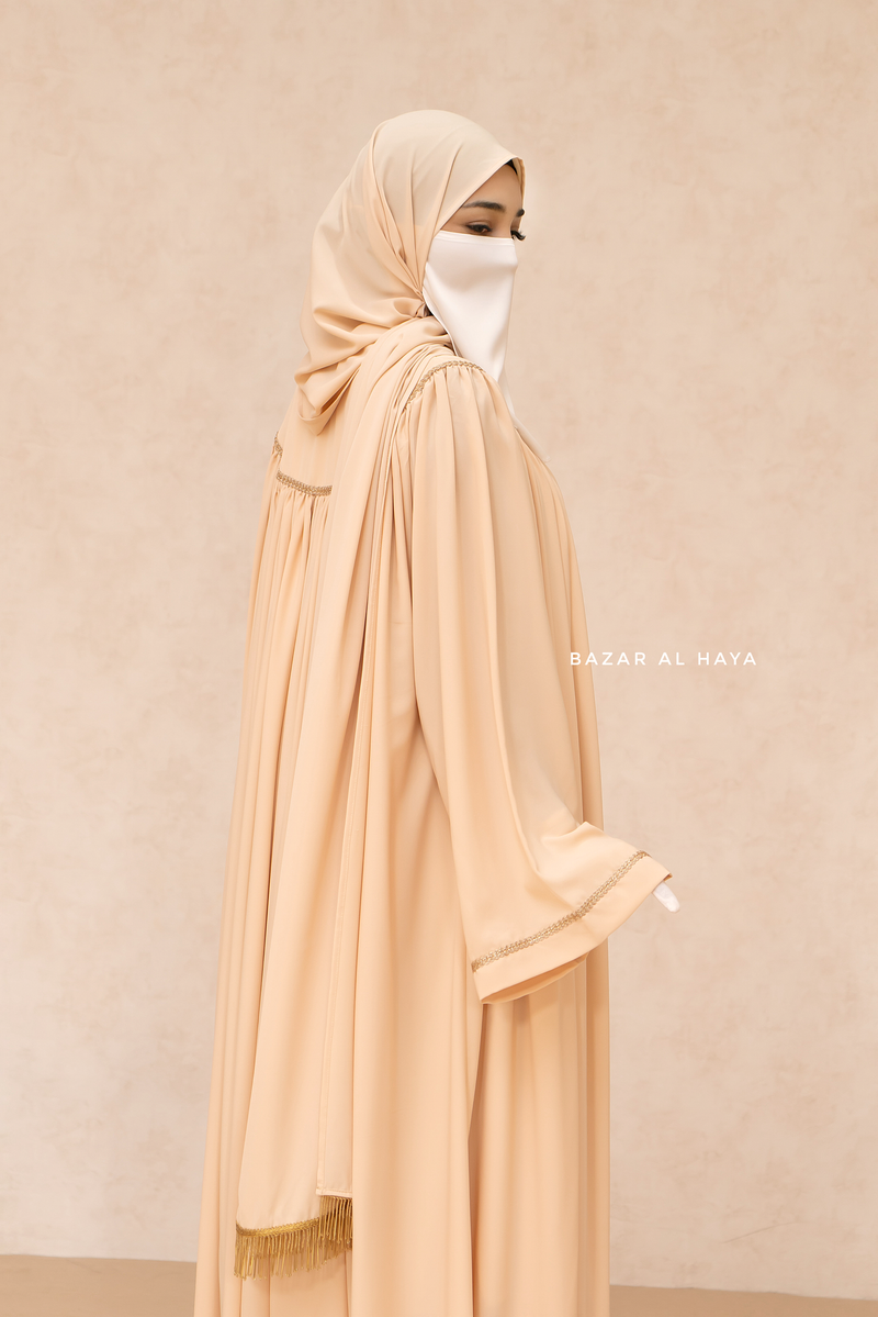 Haniya Beige Abaya Gown - Elegently Wide With Unique Decor - 3 Piece