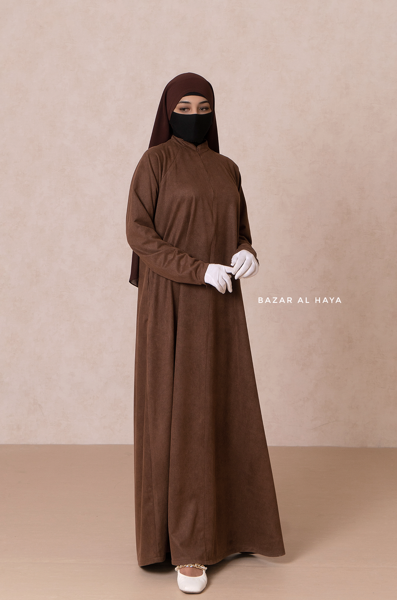 Chocolate Yamina Front & Sleeve Zipper Abaya Dress With Side Pockets - Textured Suede