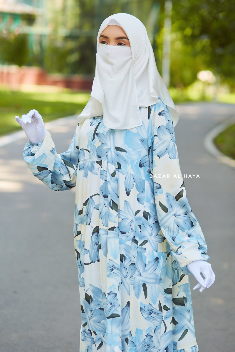 Sadia Ivory/Blue Floral Dress In 100% Cotton Summer Tiered Style Abaya - Front Zipper