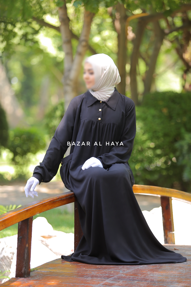 Layla Black Abaya Dress - 100% Cotton Summer Relaxed Fit Dress With Po Bazar Al Haya Layla Black Abaya Dress - 100% Cotton Summer Relaxed Fit Dress With Po Bazar Al Haya