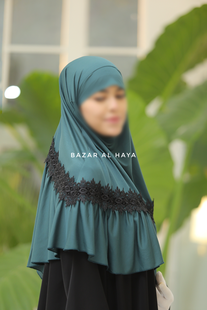 Emerald Tieback Ruffle Lace Short Khimar - Soft Cotton