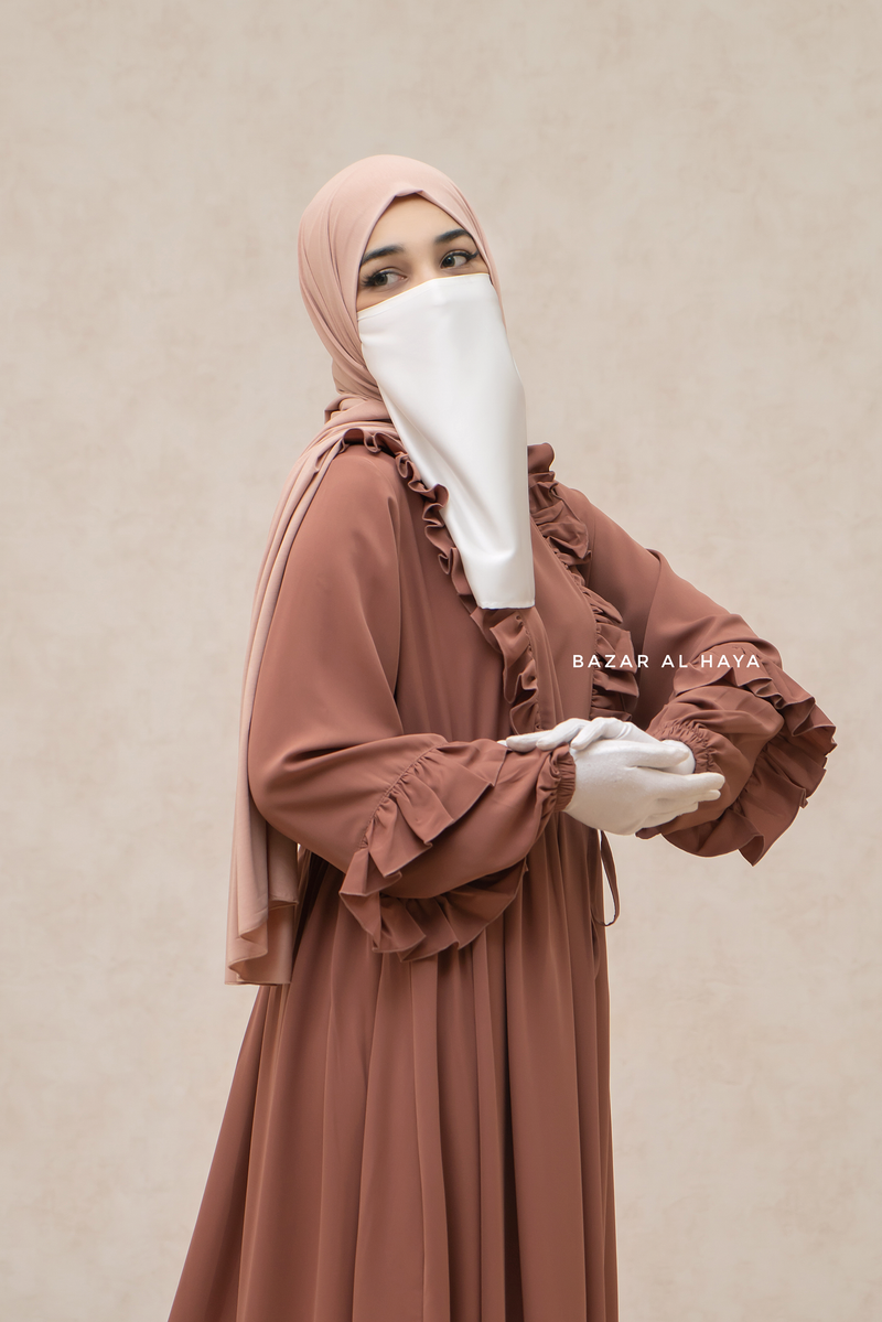 Afsah Cappuccino Ruffle Lightweight Summer Spring Abaya Dress - Soft Breathable Crepe Cotton