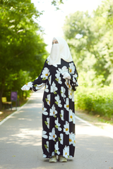 Black Muna Loose Fit Summer Abaya Dress - Viscose Cotton & Daisy Flower Print