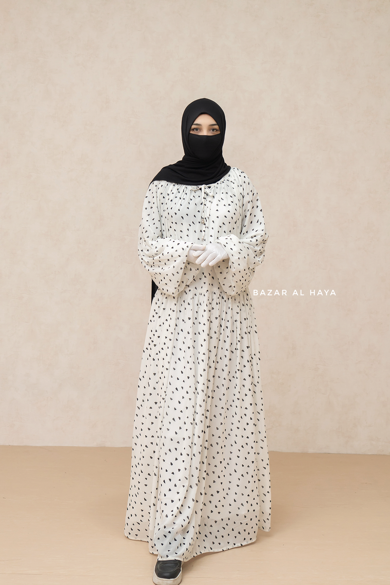 White Amira Chiffon With Tie Neck Strings Abaya Dress - Puff Sleeves