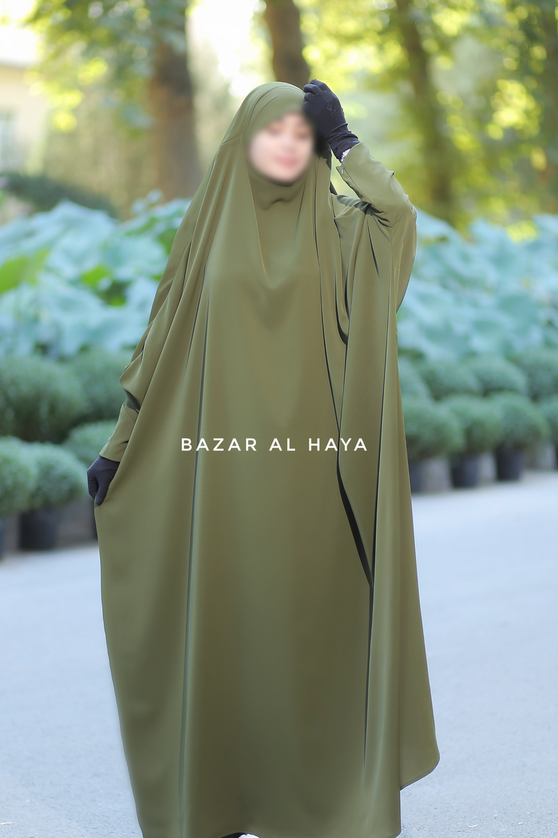 Olive Sarah One Piece Jilbab - Zipper Sleeves - Silk Crepe – Bazar Olive Sarah One Piece Jilbab - Zipper Sleeves - Silk Crepe – Bazar