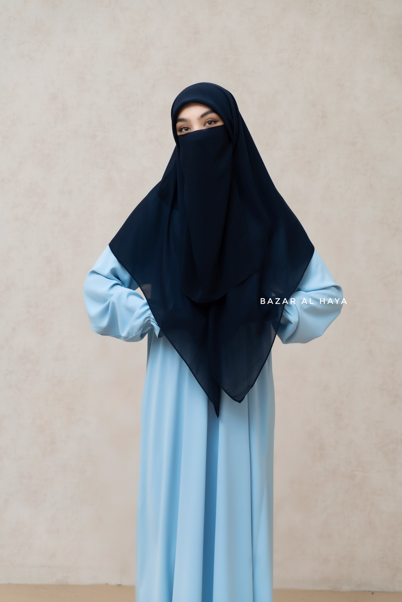 Square Scarf With Half Niqab Set In Dark Blue - Super Breathable - Medium