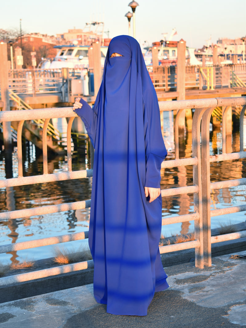 Sarah One Piece Royal Blue Jilbab - Zipper Sleeves - Silk Crepe