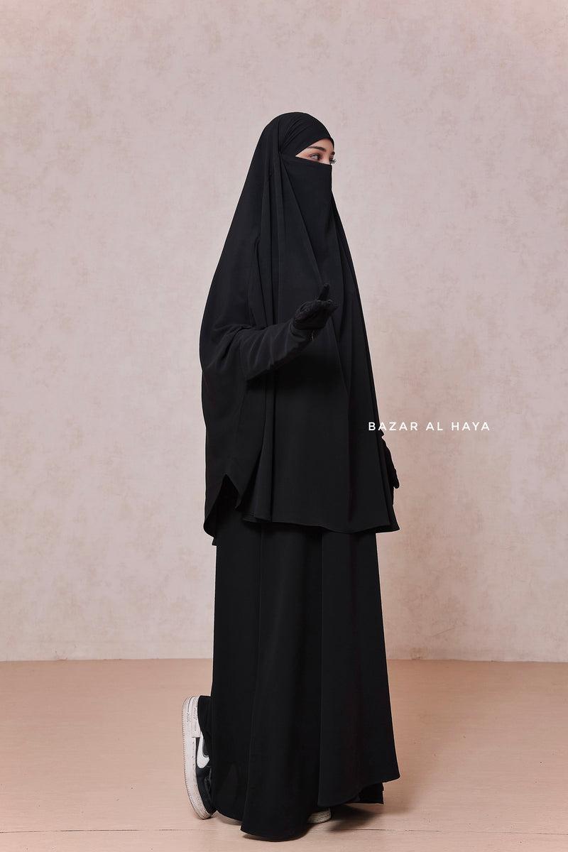 Yasmin Black Two Piece Jilbab With Dress & Khimar - Relaxed Fit, Light, Soft & Breathable