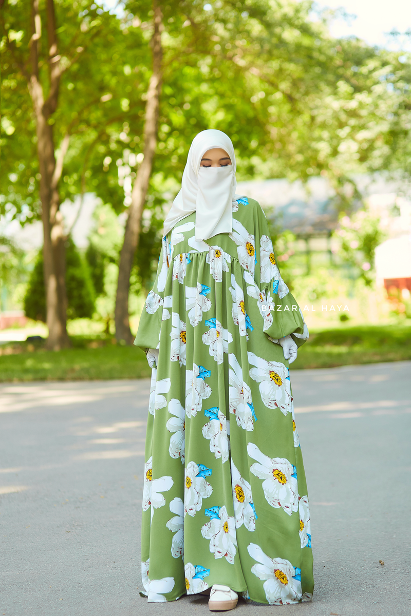Kiwi Muna Loose Fit Summer Abaya Dress - Viscose Cotton & Daisy Flower Print