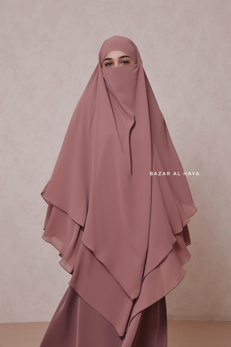 Pari Taupe Rose Two Layered Maxi Diamond Khimar - Crepe Chiffon