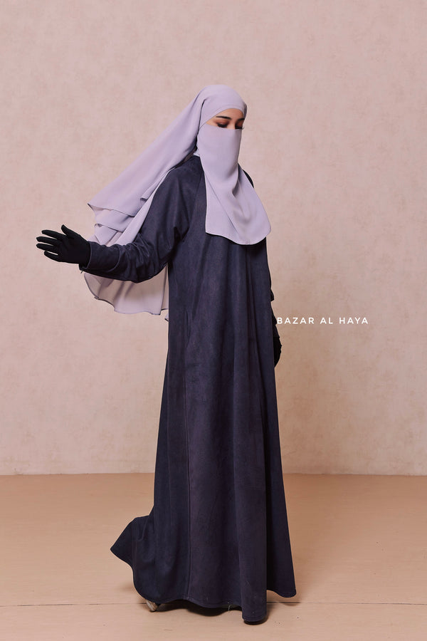 Naval Yamina Front & Sleeve Zipper Abaya Dress With Side Pockets - Textured Suede