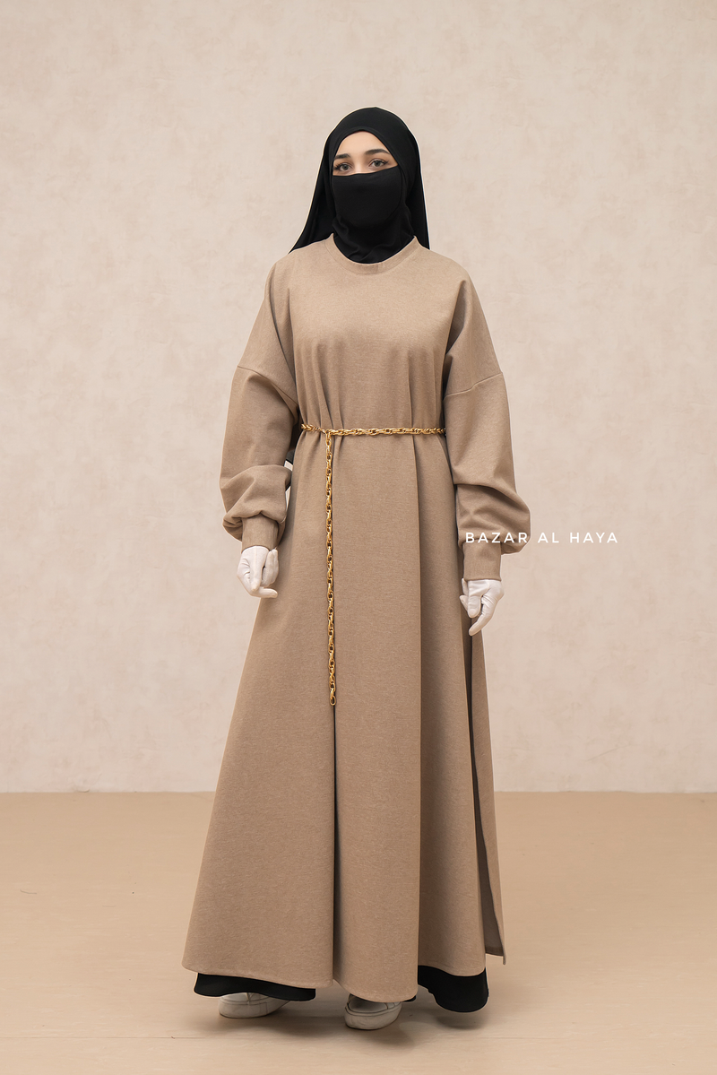 Beige Basimah Classic Design Warm Abaya Coat - Premium Wool