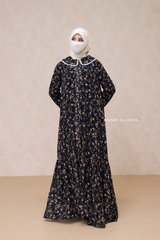 Anisa Midnight Blue Floral Chiffon Dress With Belt - Full Snap Button Front