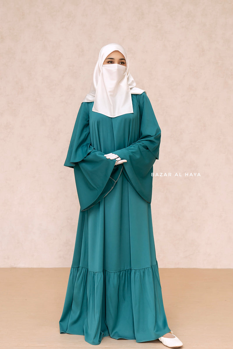 Bushra Dress - Jade Green Layered Ruffle Sleeve Abaya - Premium Sultansha