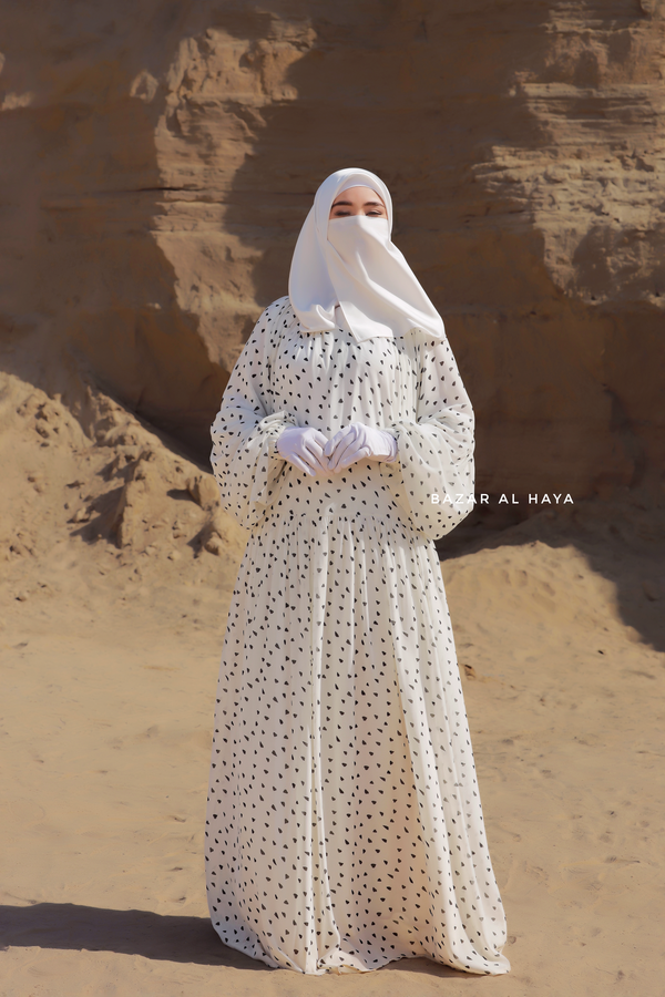 Amira White Chiffon Abaya Dress With Puff Sleeves - Double Layer