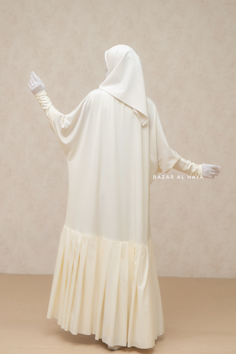 Badra Ivory Butterfly Abaya With Flair Bottom & Zipper Sleeves - Silk Crepe