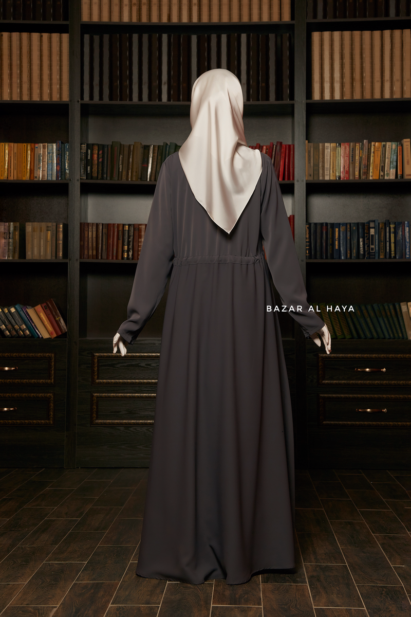 Salam 3 Steel Grey Belted Abaya Dress - Front Zipper & Zipper Sleeves - Nida