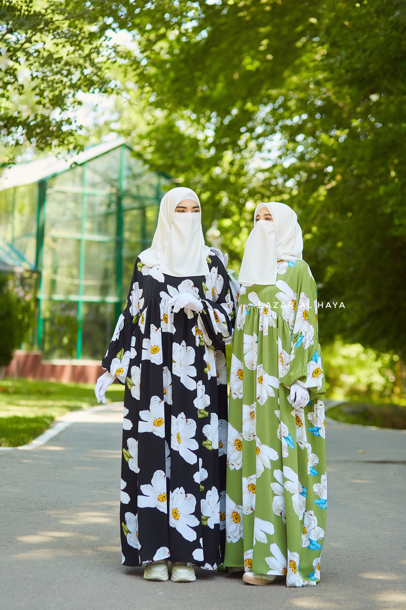 Loose Fit Summer Muna Abaya Dress - Viscose Cotton & Daisy Flower Print