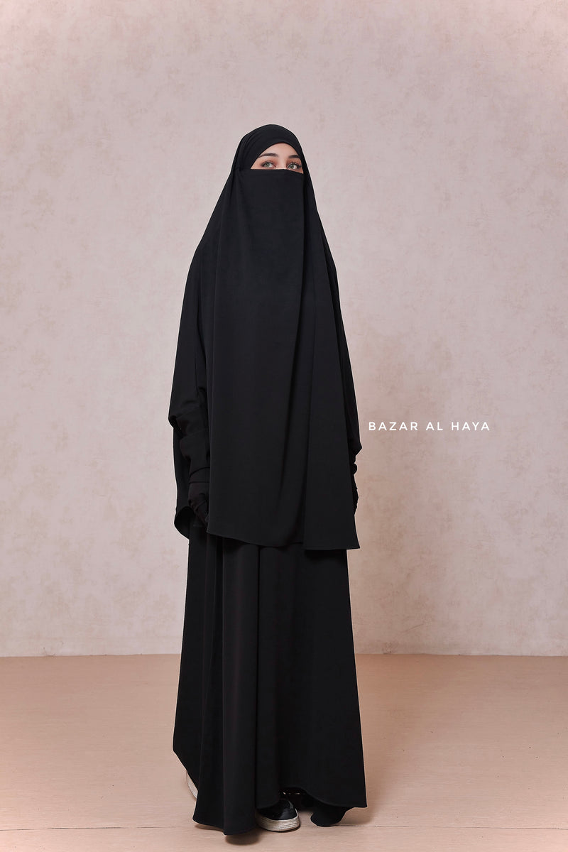 Yasmin Black Two Piece Jilbab With Dress & Khimar - Relaxed Fit, Light, Soft & Breathable