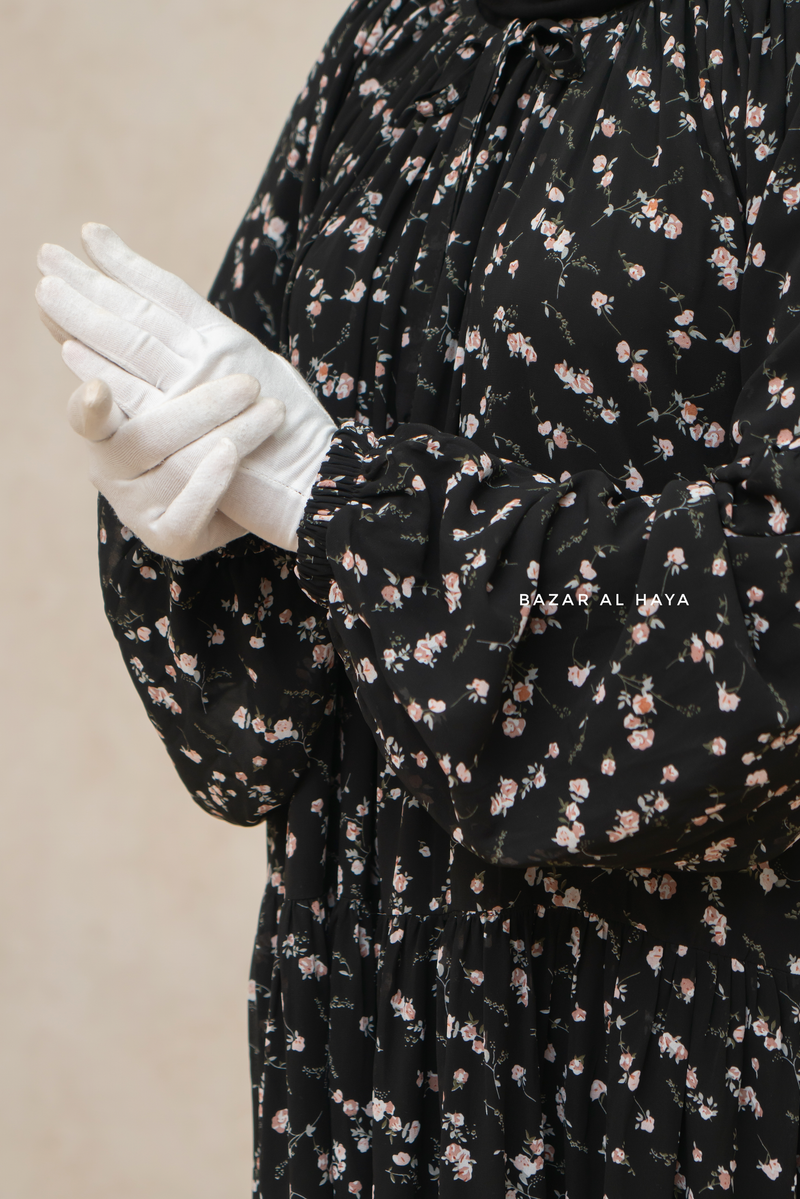 Amira Black Chiffon With Tie Neck Strings Abaya Dress Puff