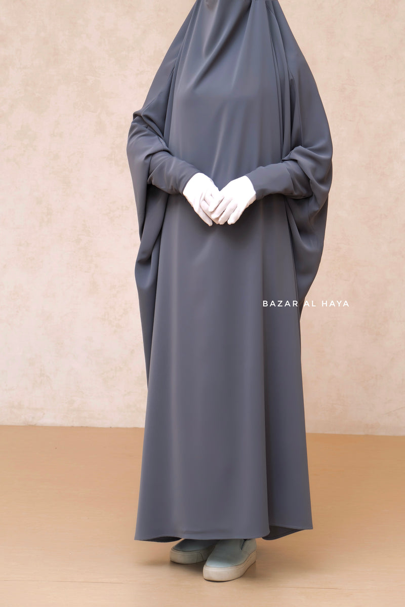 Sarah One Piece Steel Grey Jilbab - Zipper Sleeves - Silk Crepe