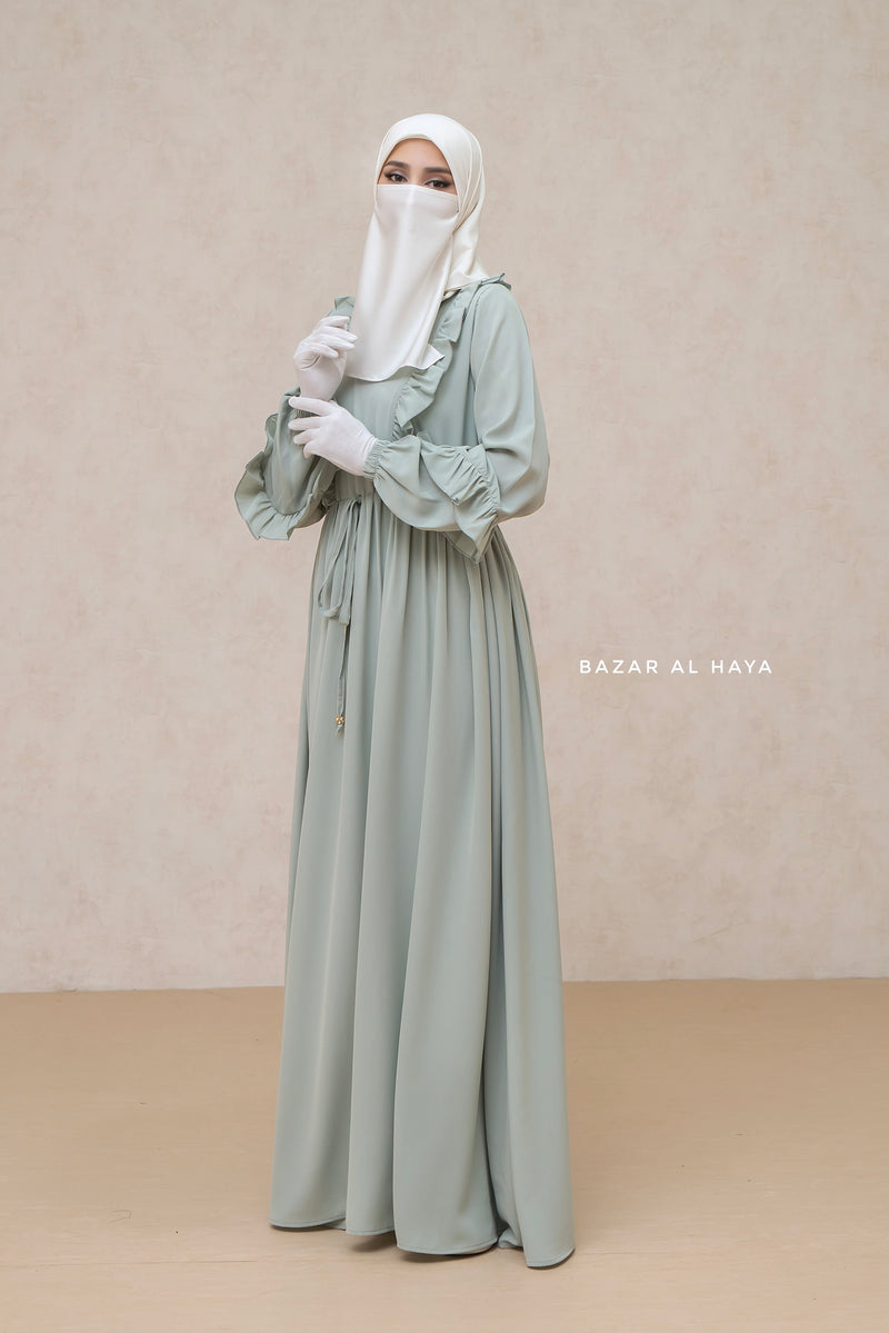 Afsah Mint Ruffle Lightweight Summer Spring Abaya Dress - Soft Breathable Crepe Cotton