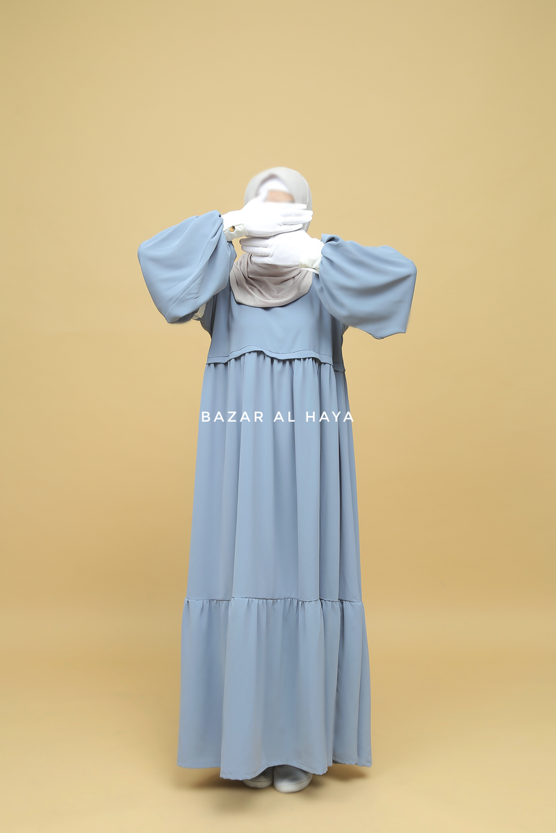 Mubina Sky Blue Tiered Abaya Dress - Loose & Wide In Nidha