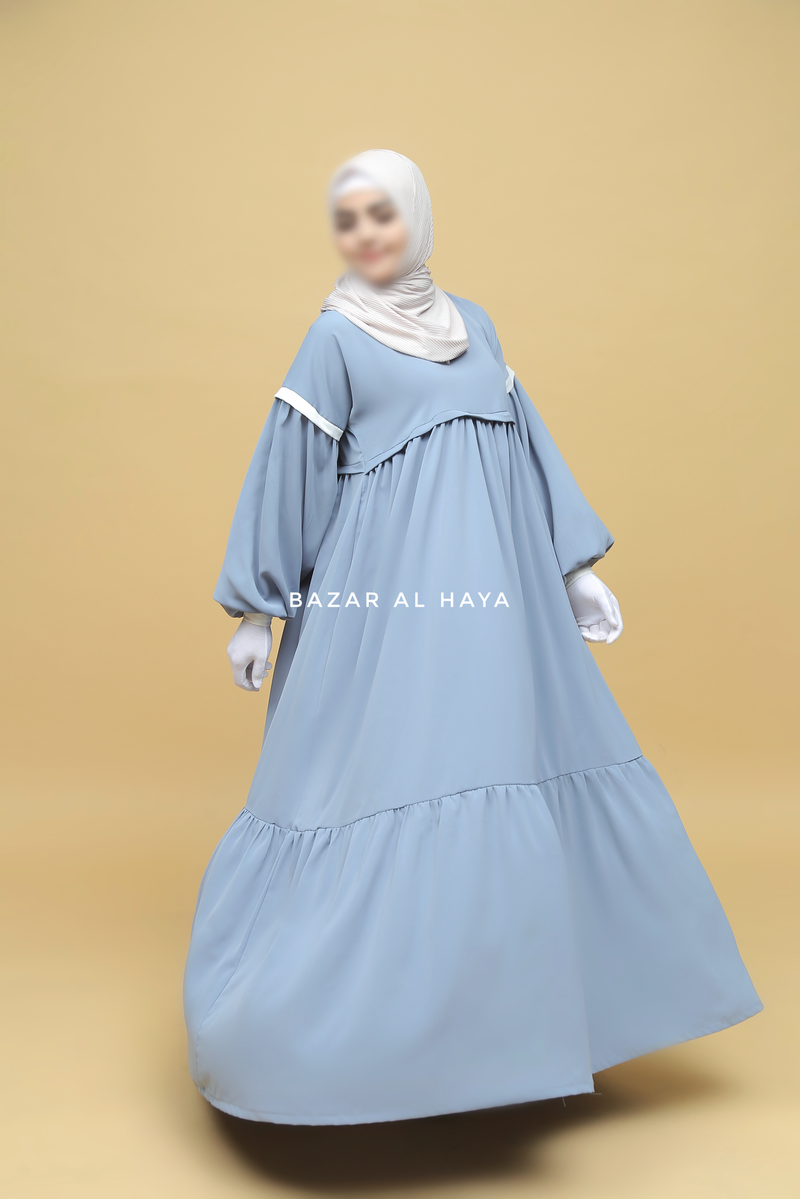 Mubina Sky Blue Tiered Abaya Dress - Loose & Wide In Nidha