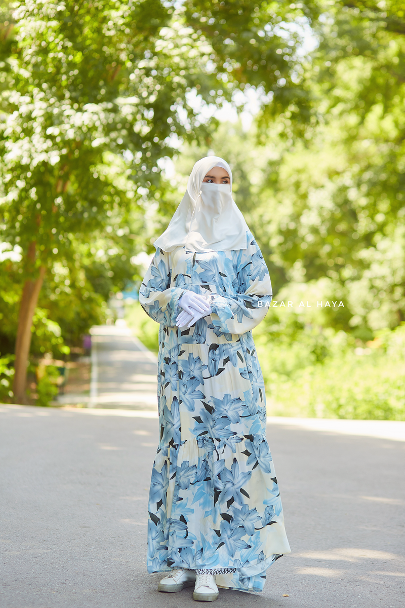 Sadia Ivory/Blue Floral Dress In 100% Cotton Summer Tiered Style Abaya - Front Zipper