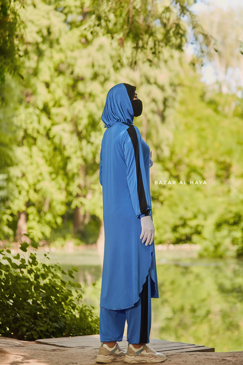 Shuruq Blue Modest Swimwear Three Piece Set With Swimdress, Khimar, & Pants - Enjoy The Comfort