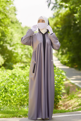 Kalina Grey Hooded Silk Crepe Abaya Dress With Pockets - Mediumweight