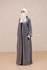 Kalina Grey Hooded Silk Crepe Abaya Dress With Pockets - Mediumweight