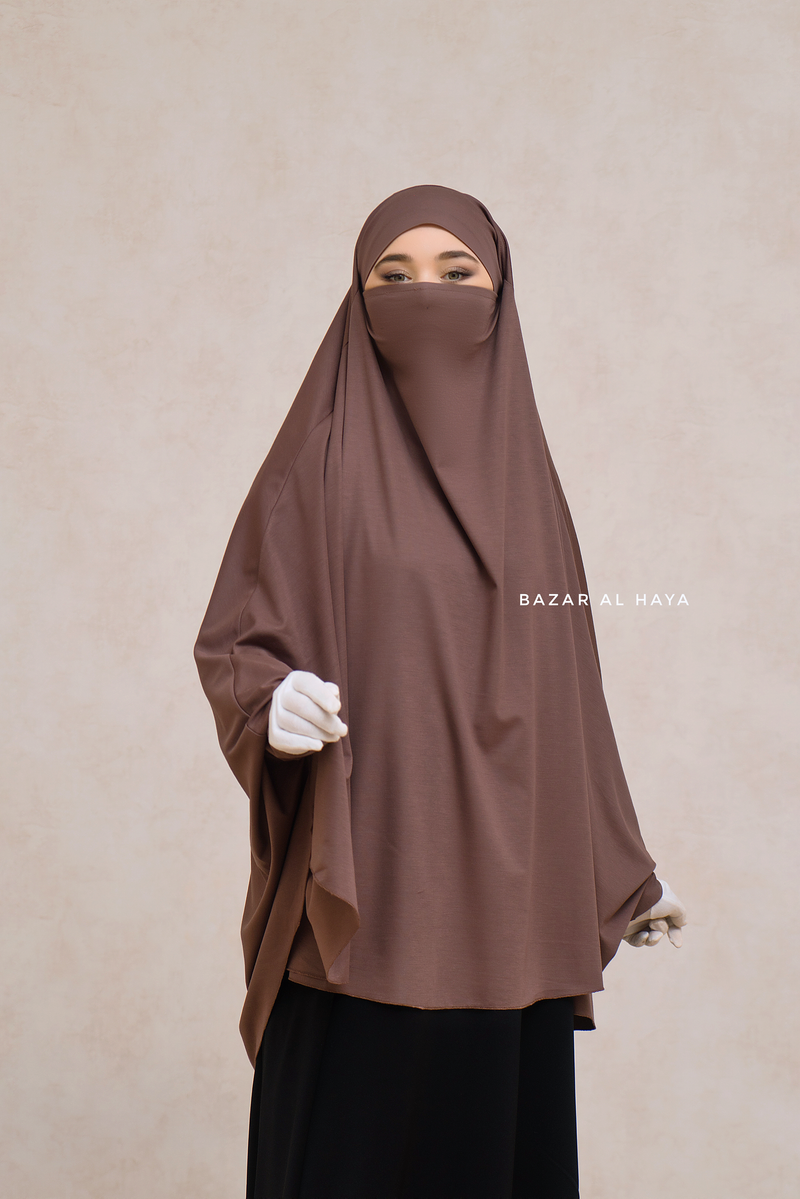 Coffee Cotton Abida Khimar With Sleeves - Soft Cotton