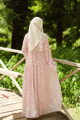Surayya Pink Chiffon Abaya Dress With Floral Print - Ruffled Design