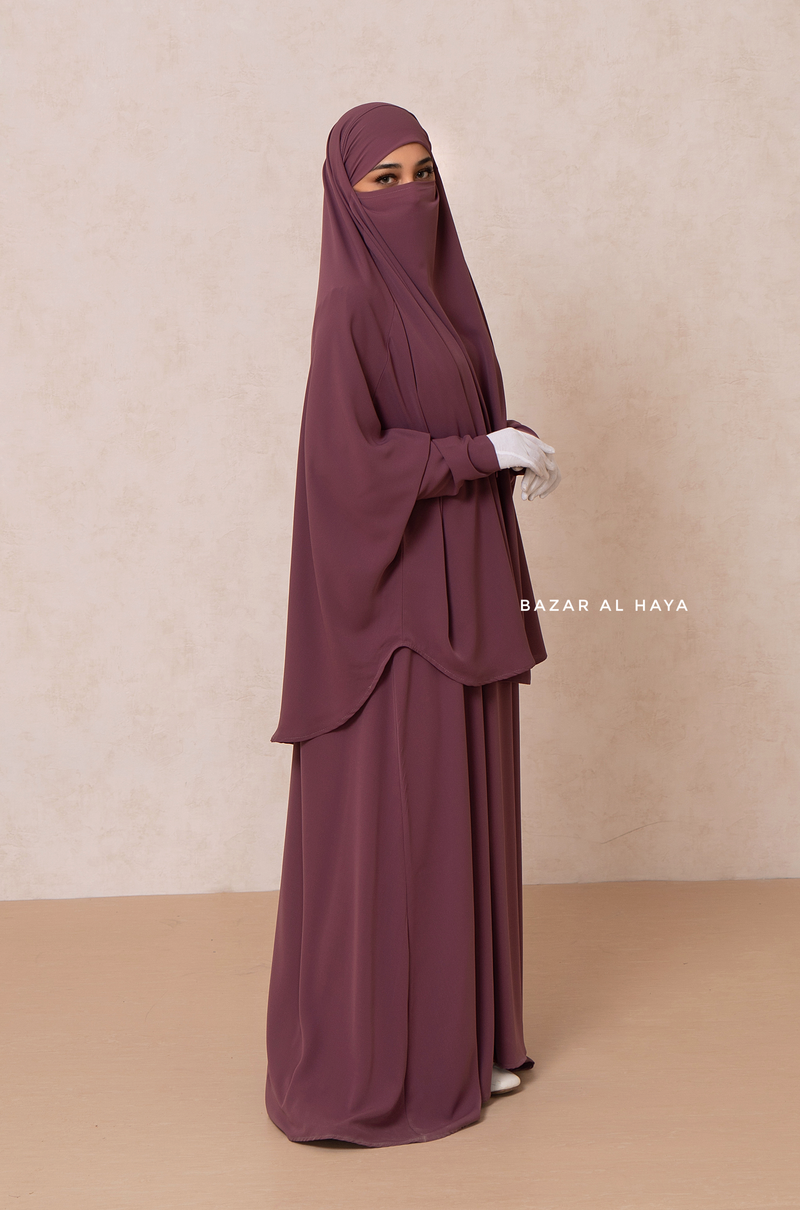 Yasmin Grape Two Piece Jilbab, Dress & Khimar - Long & Loose Style, Light Soft Breathable Fabric