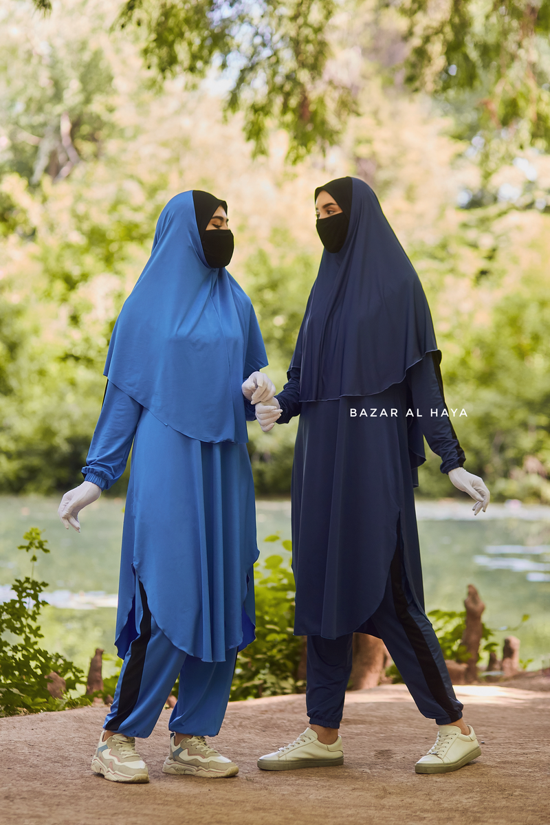 Shuruq Blue Modest Swimwear Three Piece Set With Swimdress, Khimar, & Pants - Enjoy The Comfort