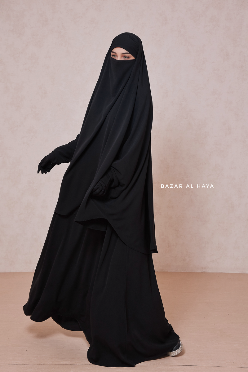 Yasmin Black Two Piece Jilbab With Dress & Khimar - Relaxed Fit, Light, Soft & Breathable