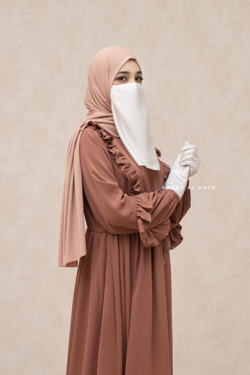 Afsah Cappuccino Ruffle Lightweight Summer Spring Abaya Dress - Soft Breathable Crepe Cotton