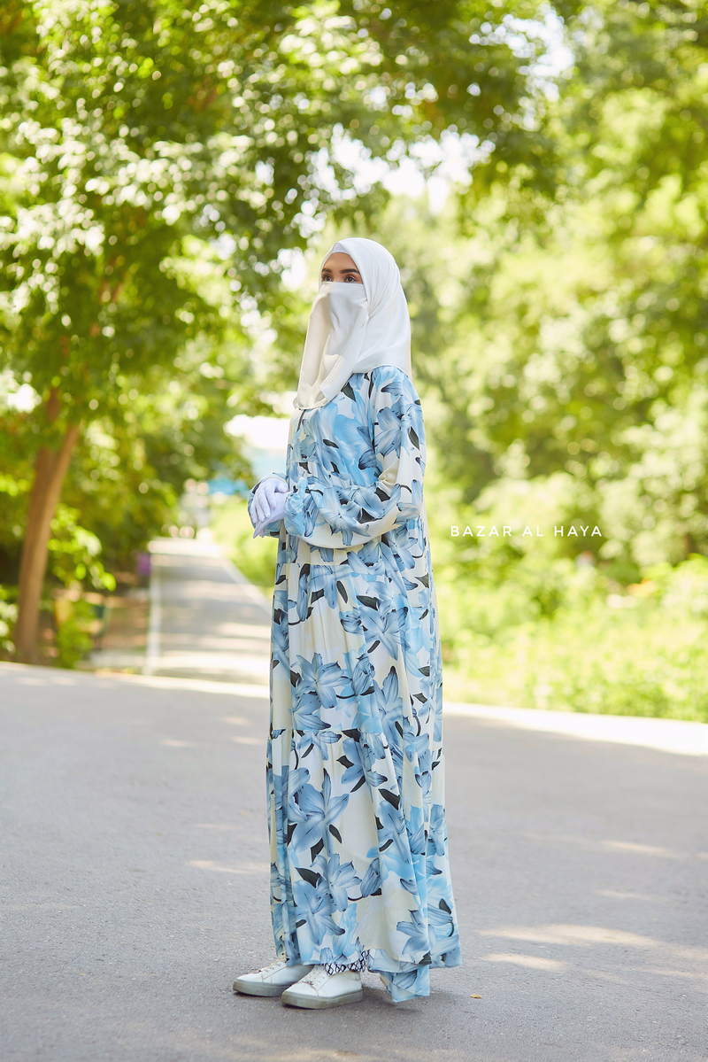 Sadia Ivory/Blue Floral Dress In 100% Cotton Summer Tiered Style Abaya - Front Zipper XL Sadia Ivory/Blue Floral Dress In 100% Cotton Summer Tiered Style Abaya - Front Zipper XL