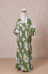 Muna Kiwi Loose Fit Summer Abaya Dress - Viscose Cotton & Daisy Flower Print