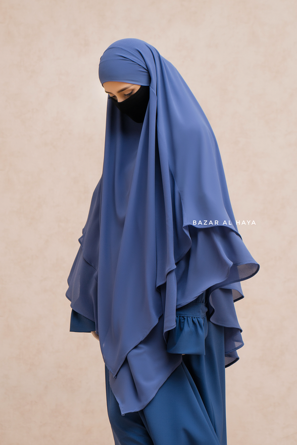 Slate Blue Pari Two Layered Maxi Diamond Khimar - Crepe Chiffon