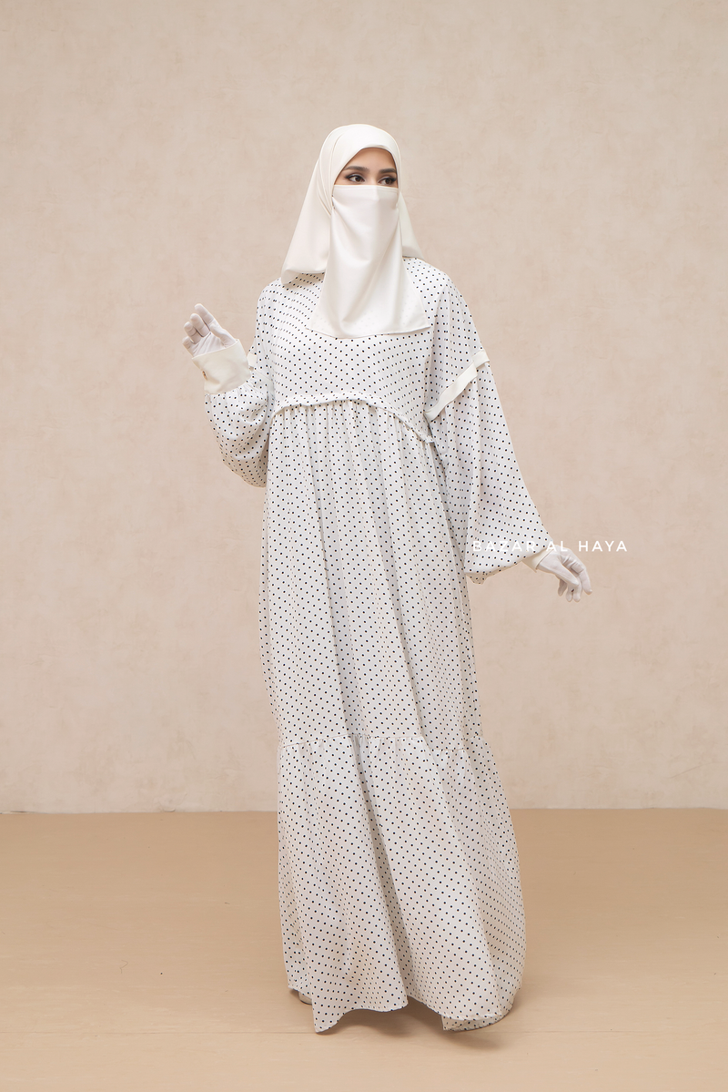 Mubina White Polka Dot Tiered Pretty Abaya Dress Loose Wide In Nidha