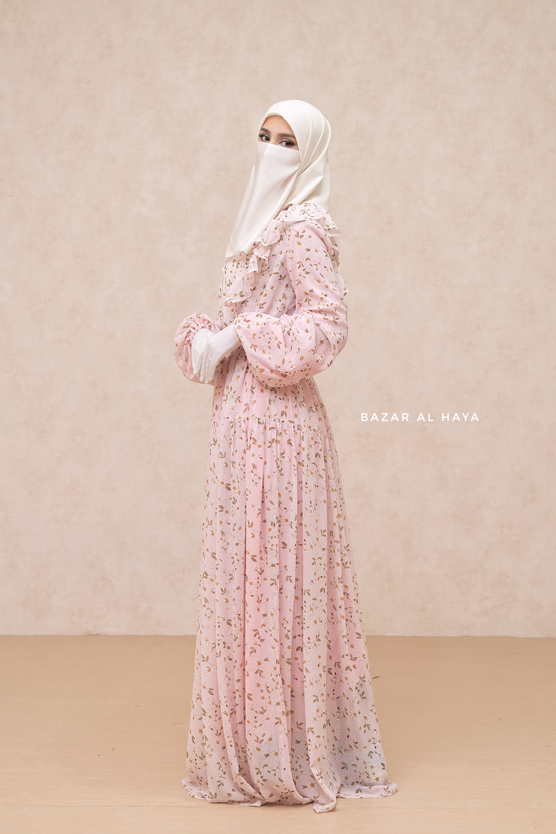 Surayya Pink Chiffon Abaya Dress With Floral Print - Ruffled Design