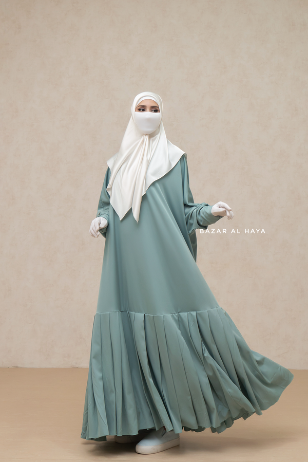 Badra Mint Butterfly Abaya With Flair Bottom & Zipper Sleeves - Silk Crepe