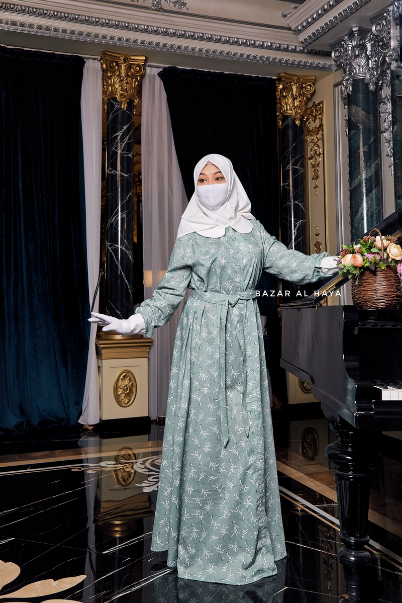 Kamila Mint Floral Summer Abaya Dress With Belt - Breathable Quality Cotton