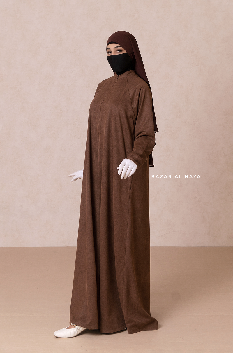 Chocolate Yamina Front & Sleeve Zipper Abaya Dress With Side Pockets - Textured Suede