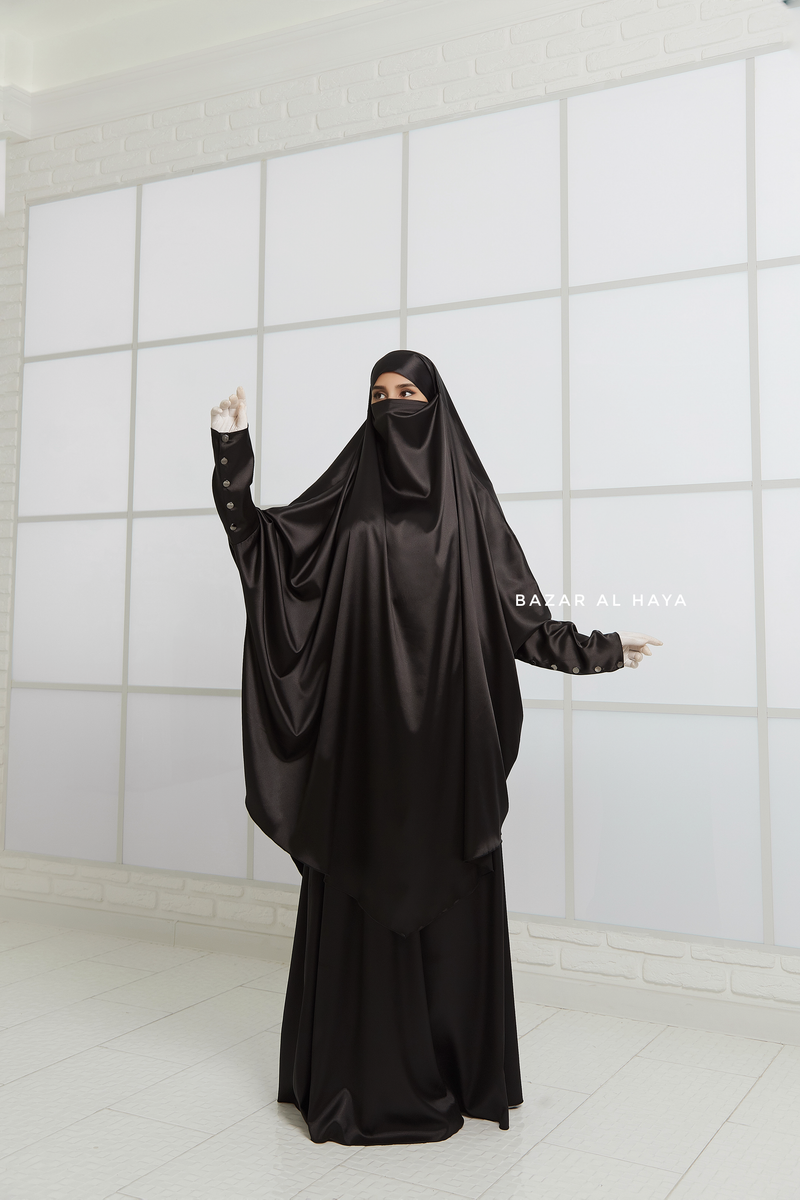Black Latifa Two Piece Satin Jilbab With Skirt - Long & Loose