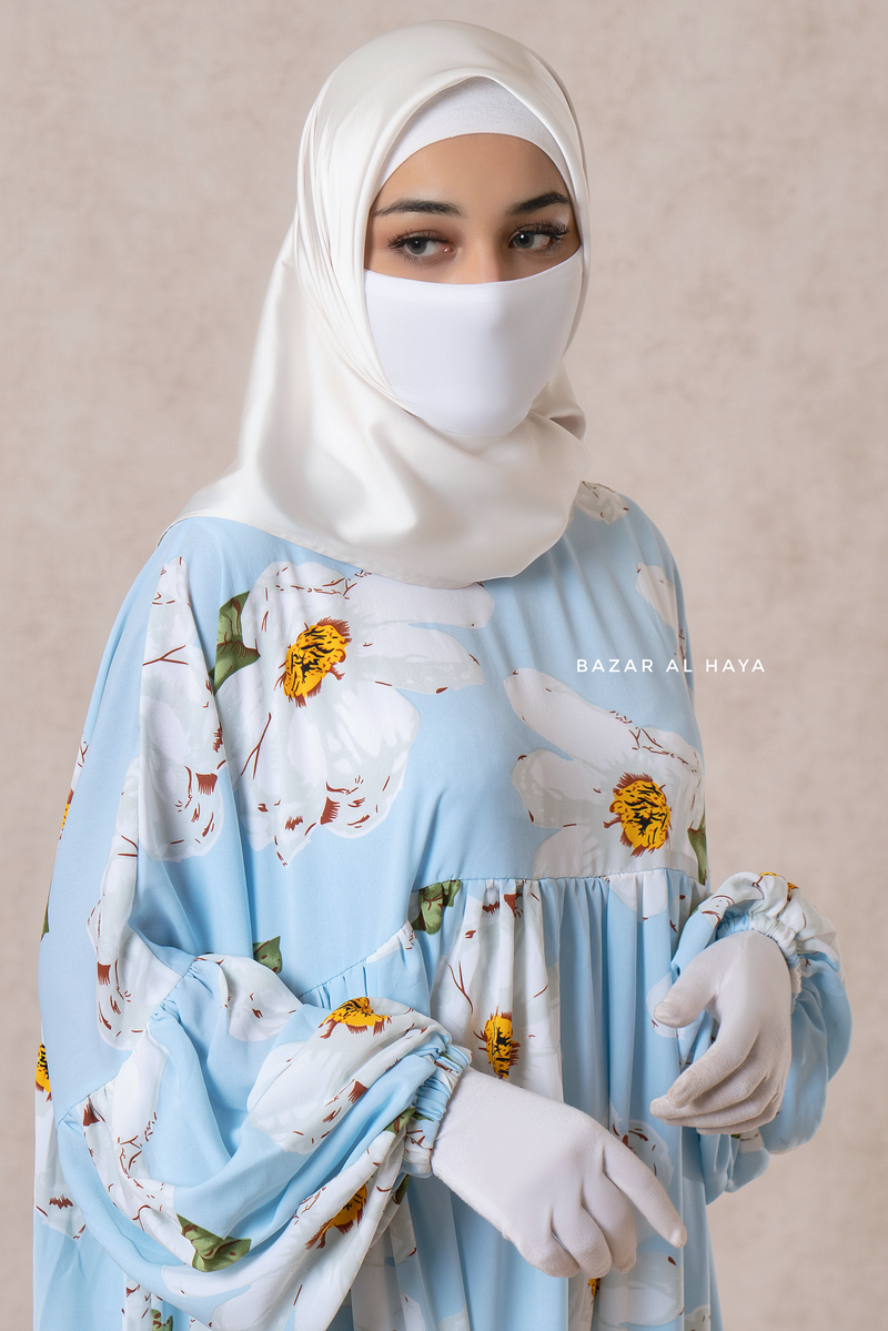 Muna Baby Blue Loose Fit Summer Abaya Dress - Viscose Cotton & Daisy Flower Print
