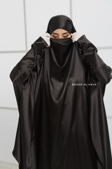 Black Latifa Two Piece Satin Jilbab With Skirt - Long & Loose