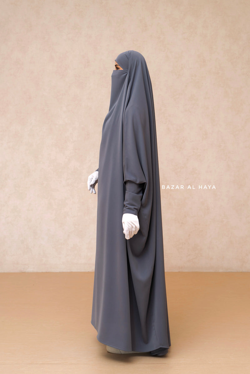 Sarah One Piece Steel Grey Jilbab - Zipper Sleeves - Silk Crepe